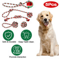 5-piece Christmas dog rope toy set graphic showing five red, green, and white rope toys and a Golden Retriever holding a rope ball, highlighting safe and durable, keep teeth clean, and promote interaction.