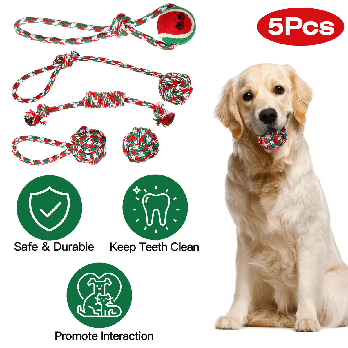 5-piece Christmas dog rope toy set graphic showing five red, green, and white rope toys and a Golden Retriever holding a rope ball, highlighting safe and durable, keep teeth clean, and promote interaction.