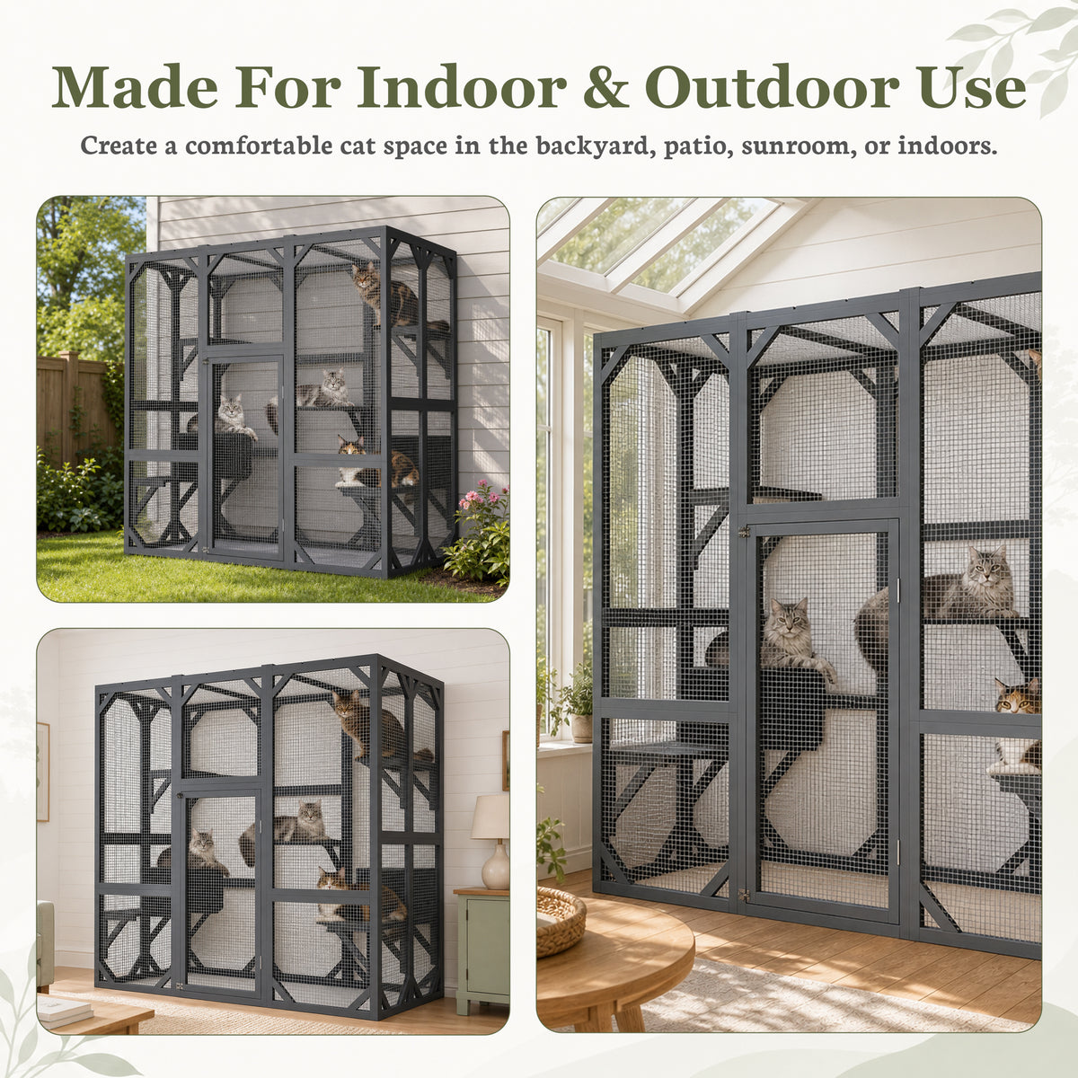 Infographic showing the grey cat enclosure used outdoors in a backyard, indoors in a living room, and in a sunroom with cats