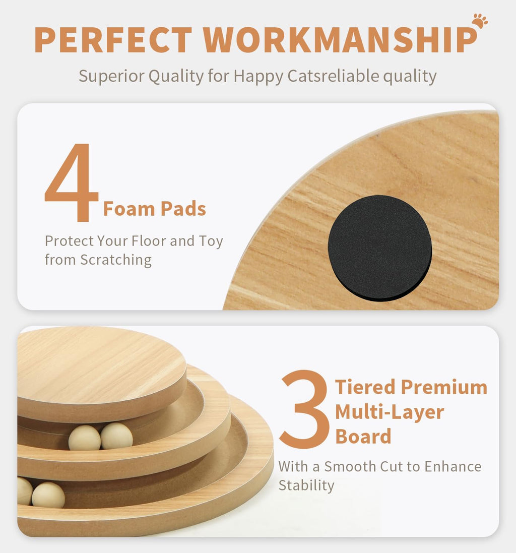 Workmanship graphic showing 4 protective foam pads for the base and the 3-tiered premium multi-layer wooden ball-track board.