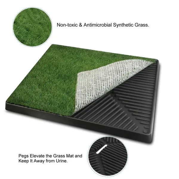 Close-up of non-toxic antimicrobial synthetic grass mat with pegs elevating it from urine