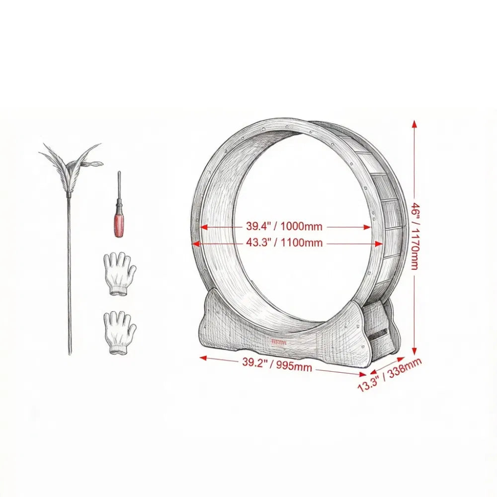 Cat exercise wheel dimension diagram showing 43.3 inch diameter and included accessories