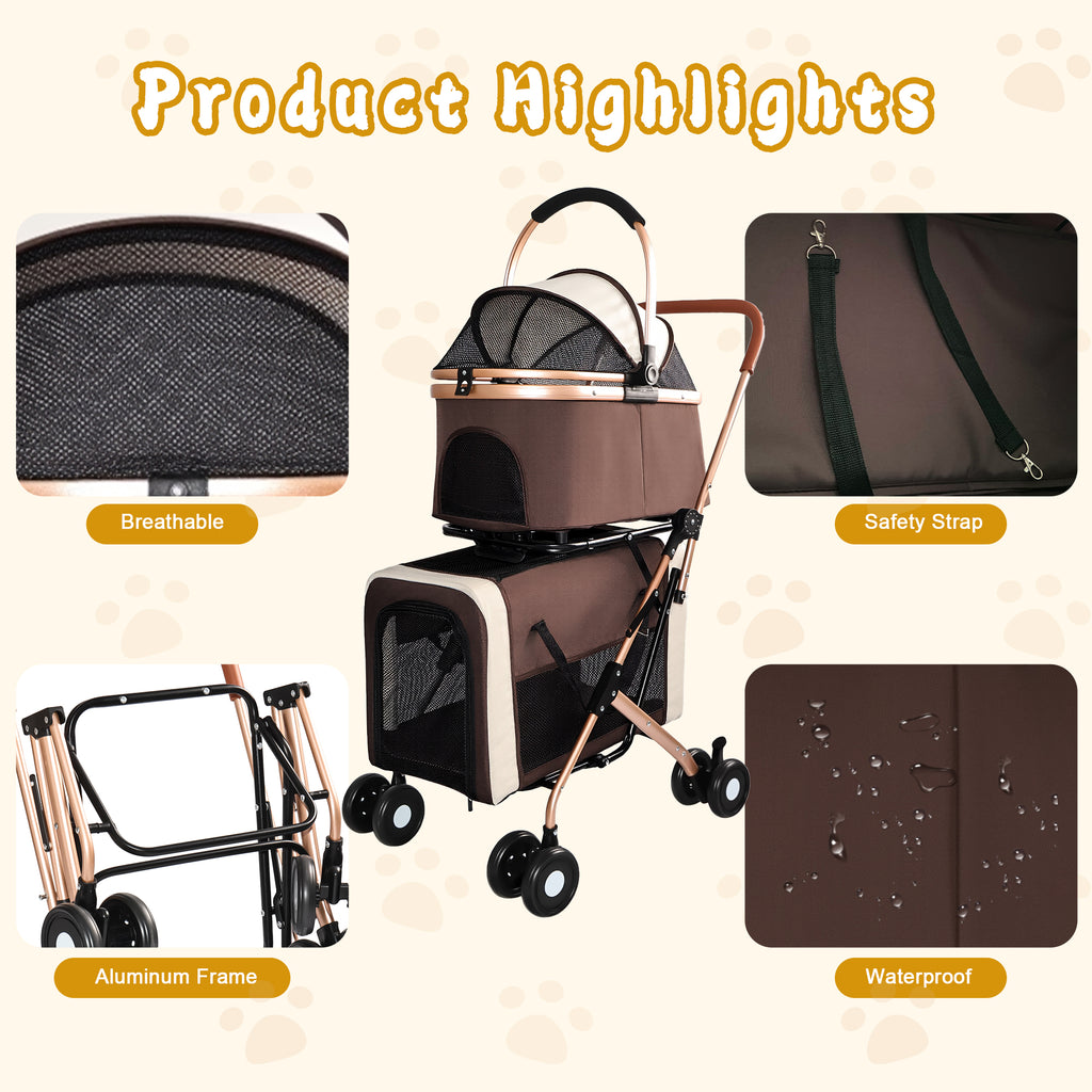 Product highlights infographic showing breathable mesh canopy, aluminum frame, safety strap and waterproof fabric details on the double pet stroller