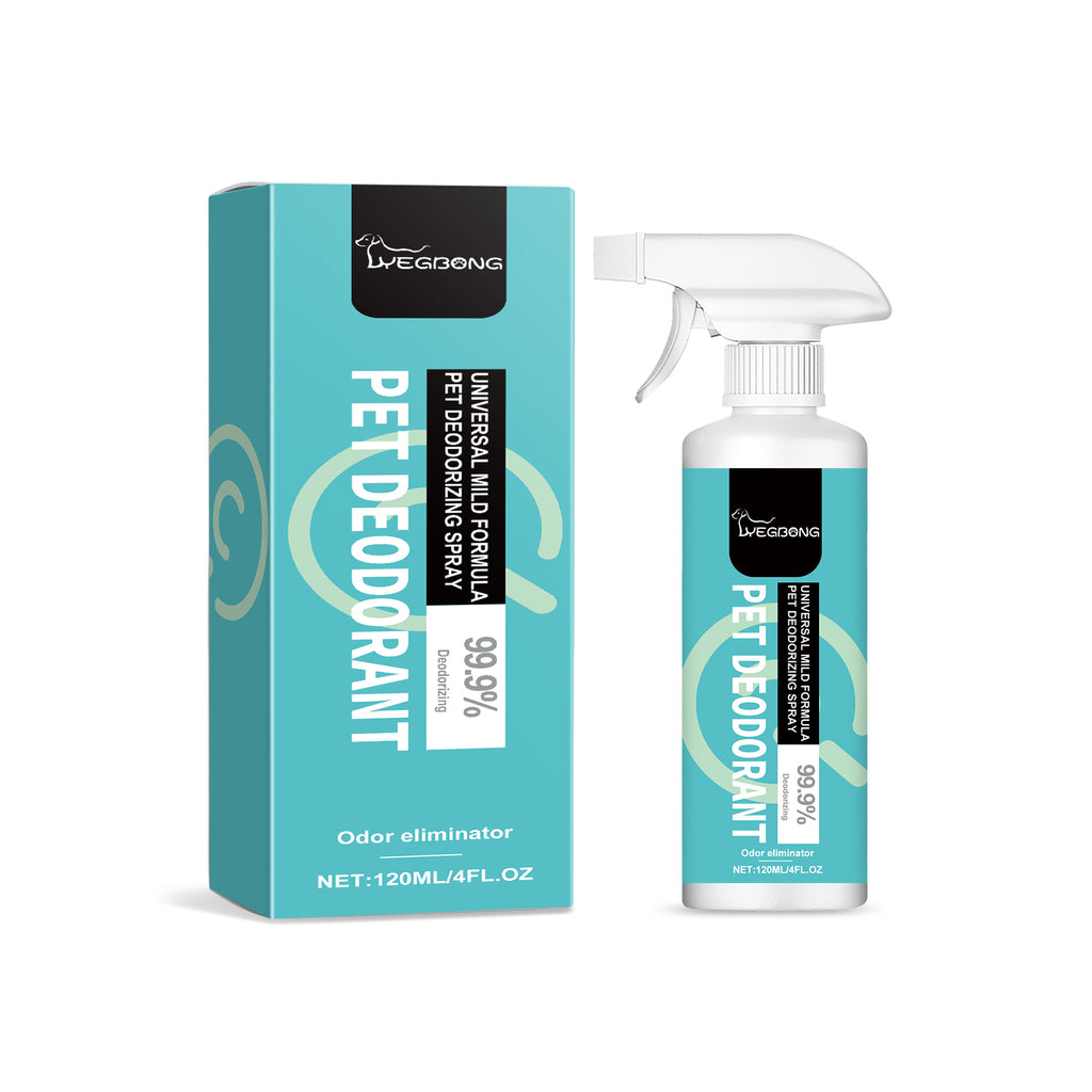 YEGBONG pet deodorant spray in a turquoise box and white 120ml spray bottle labeled 99.9% deodorizing odor eliminator.
