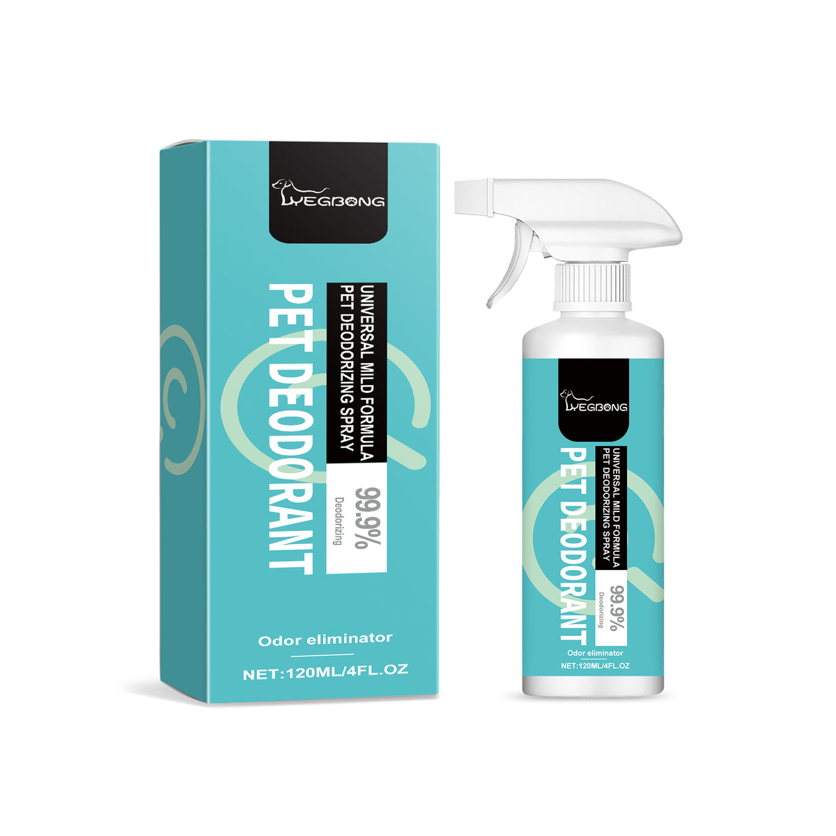 YEGBONG pet deodorant spray in a turquoise box and white 120ml spray bottle labeled 99.9% deodorizing odor eliminator.
