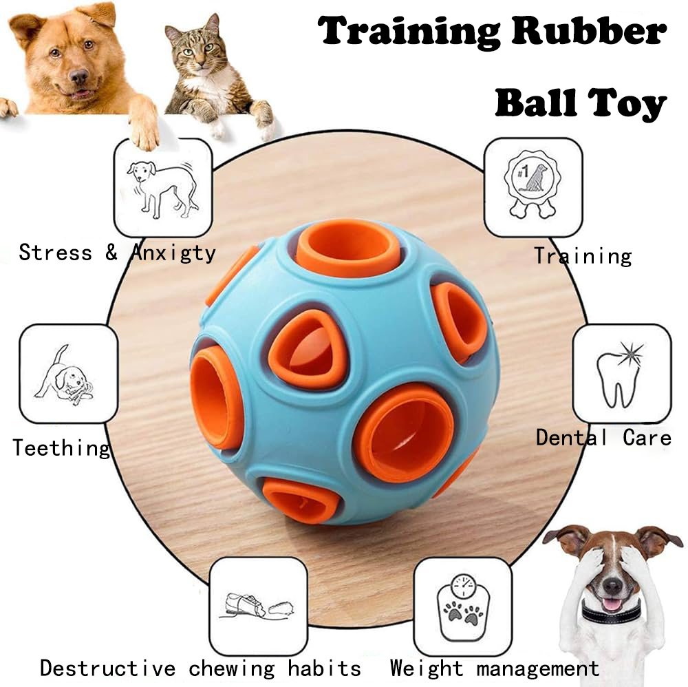 Training rubber ball toy infographic showing benefits for stress, teething and dental care