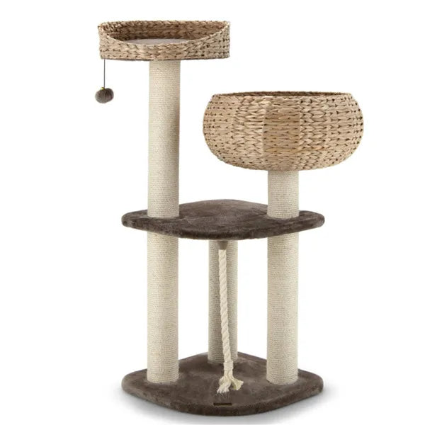 Water hyacinth cat tree product shot showing woven basket perch, nest and sisal posts