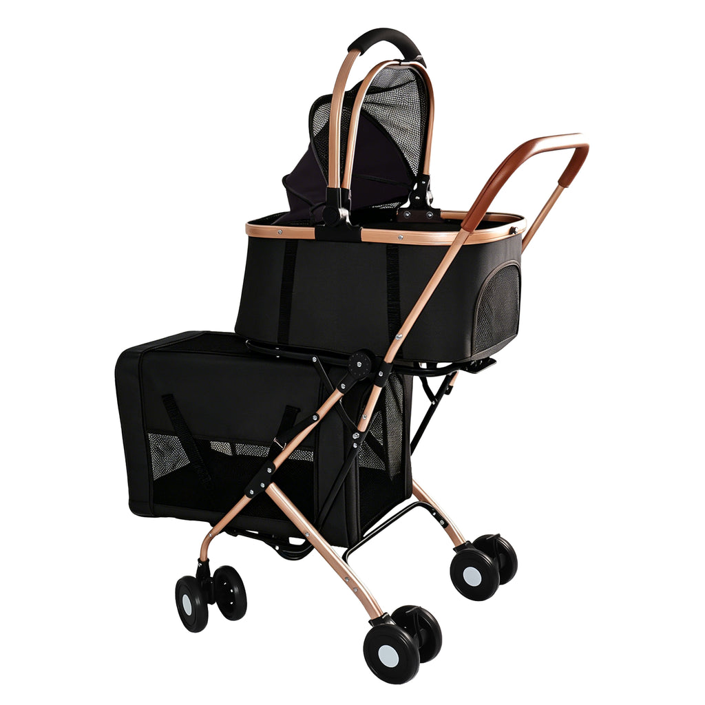 Black double pet stroller with rose gold frame, mesh baskets and open canopy, side view