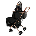 Black double pet stroller with rose gold frame, mesh baskets and open canopy, side view
