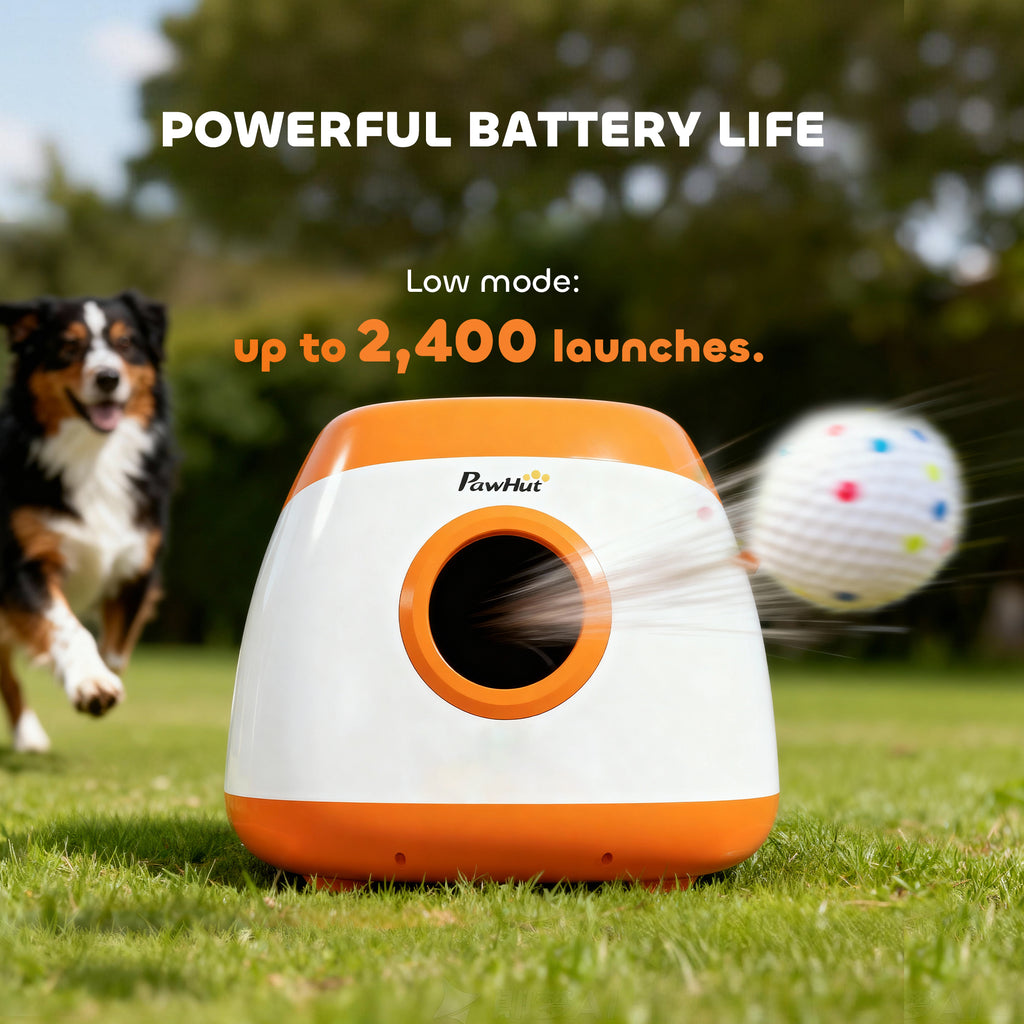 Powerful battery life infographic showing the orange and white ball launcher launching a ball with a dog running behind