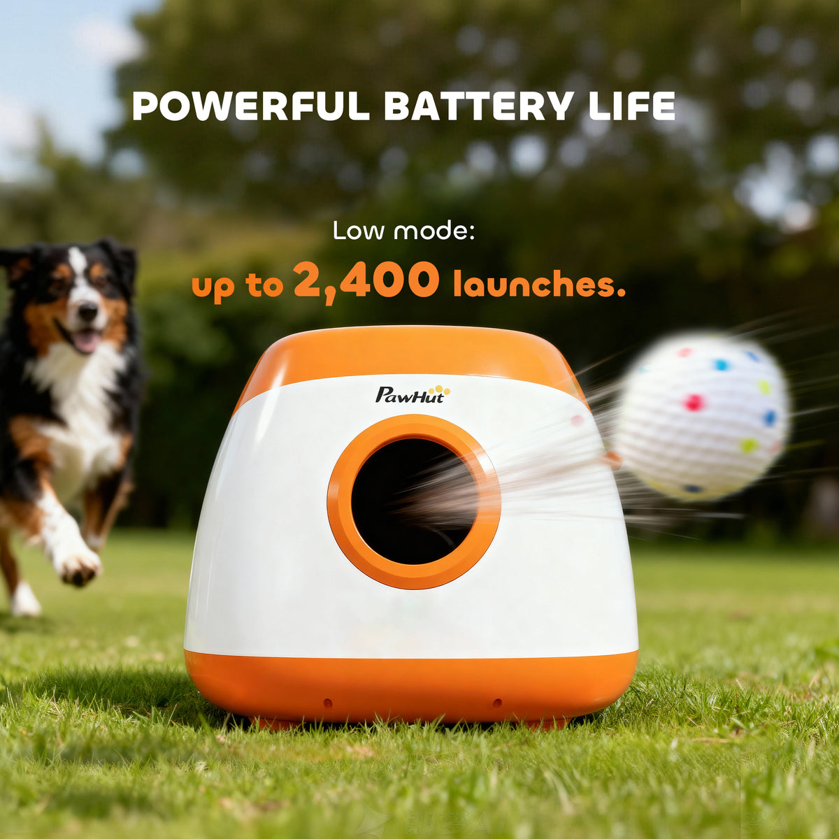 Powerful battery life infographic showing the orange and white ball launcher launching a ball with a dog running behind