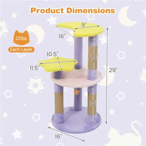 29-inch cat tower with moon and star platforms, front view