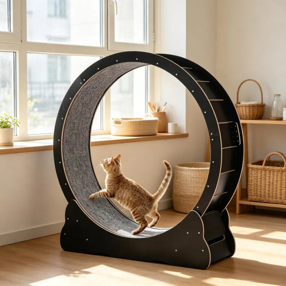 Orange tabby cat playing inside a black wooden cat exercise wheel in a bright living room
