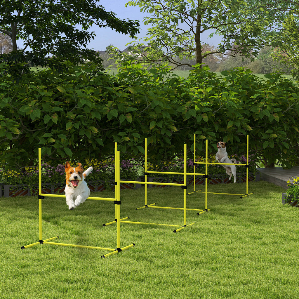 Two dogs jumping through yellow agility jump bars on green grass
