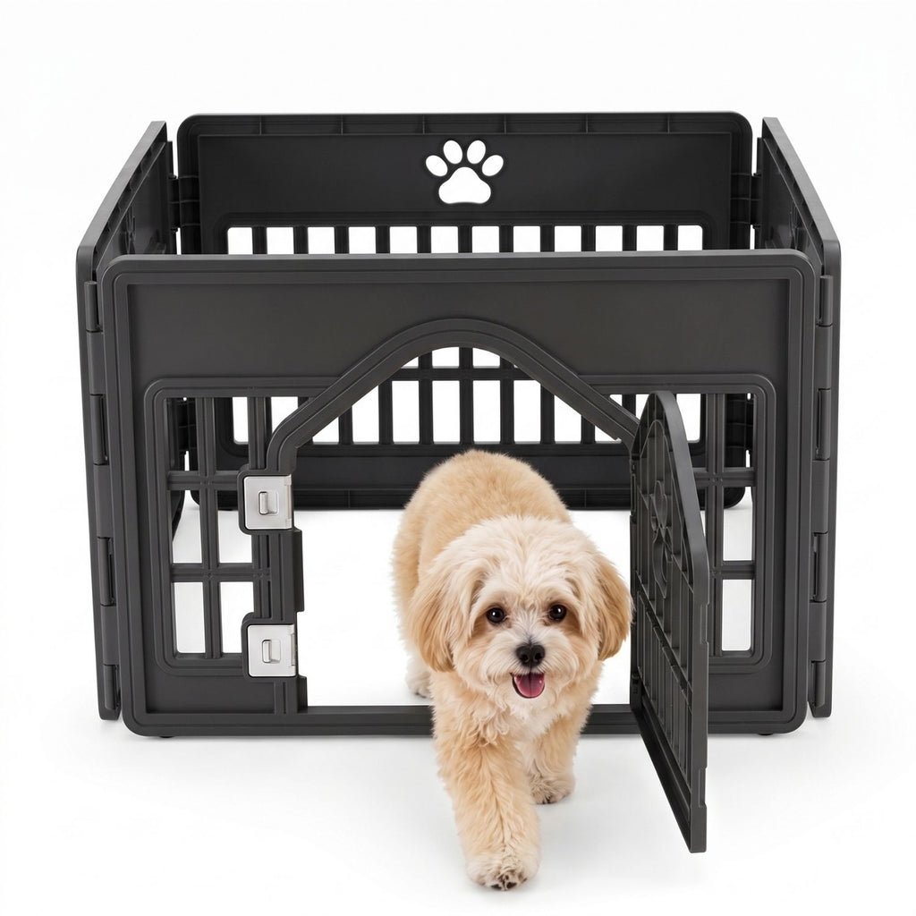 Black modular plastic dog playpen with paw print cutout and locking door; small fluffy cream dog walking out of the portable pet fence