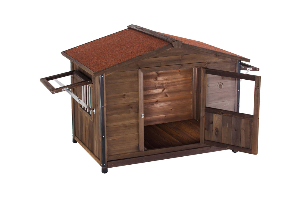 large wooden outdoor dog kennel side view with open door showing spacious interior