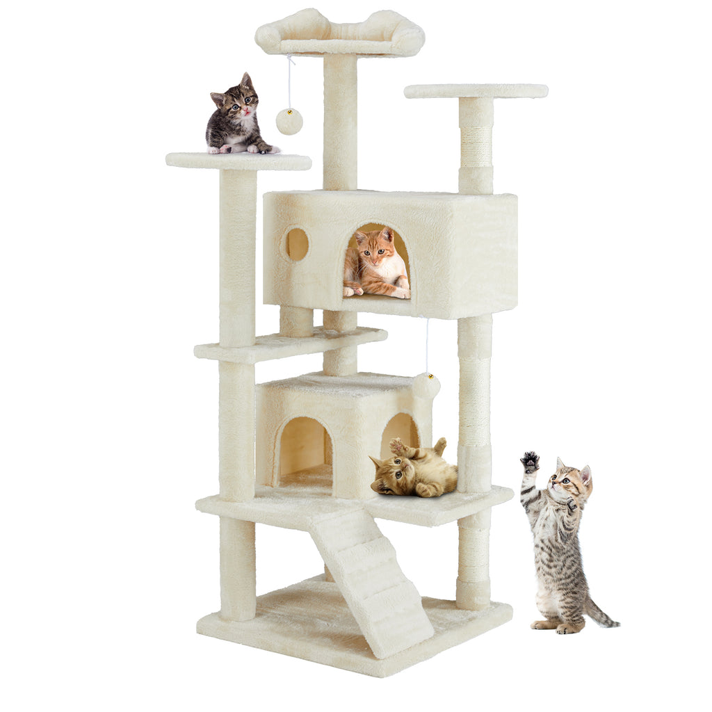 Beige multi-level cat treehouse with four cats – climbing frame with condos, perches, scratching posts and hanging toy