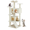 Beige multi-level cat treehouse with four cats – climbing frame with condos, perches, scratching posts and hanging toy