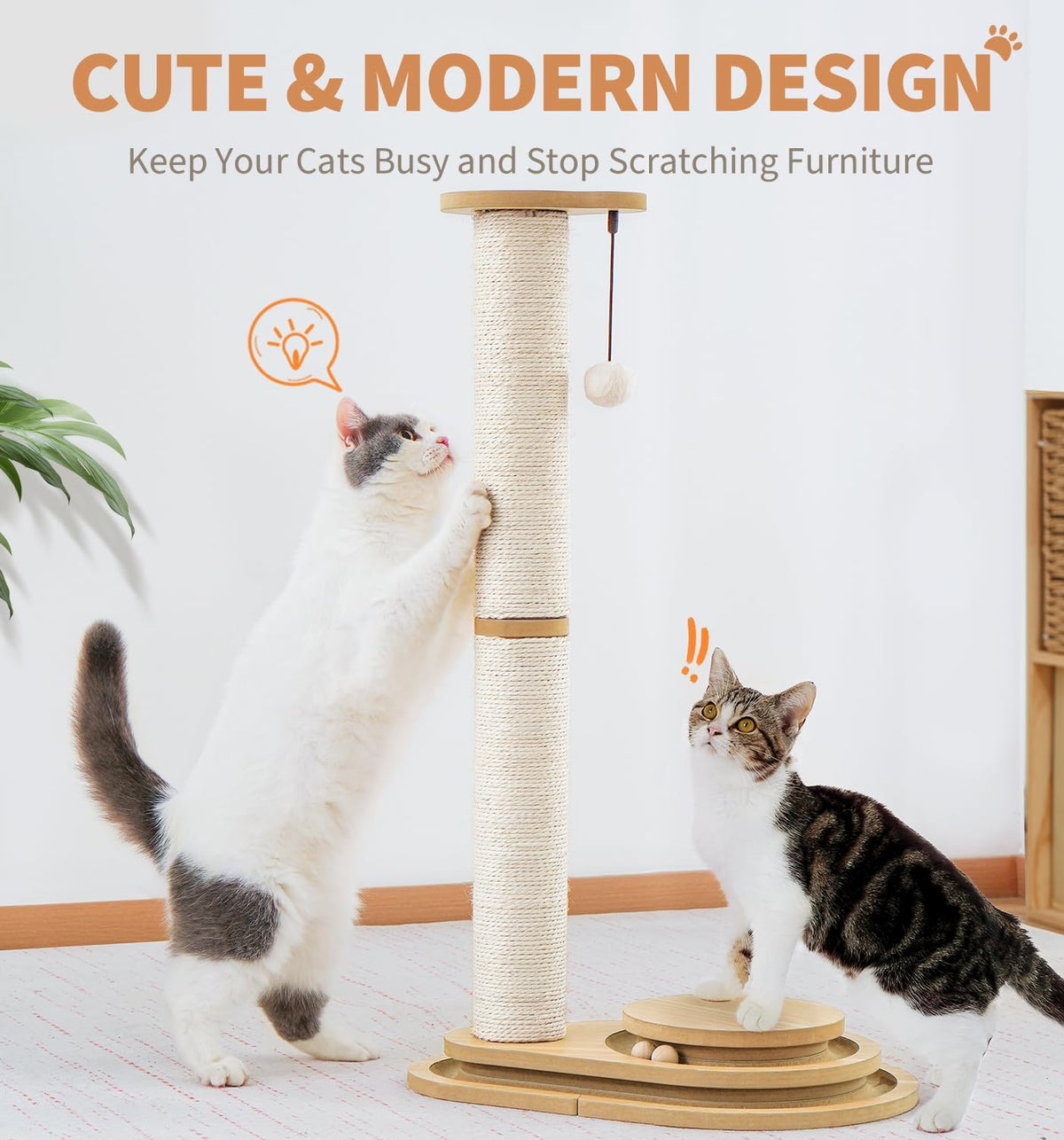 Lifestyle graphic of two cats at the scratching post with a hanging ball and ball-track base, showing the cute modern design that keeps cats busy.