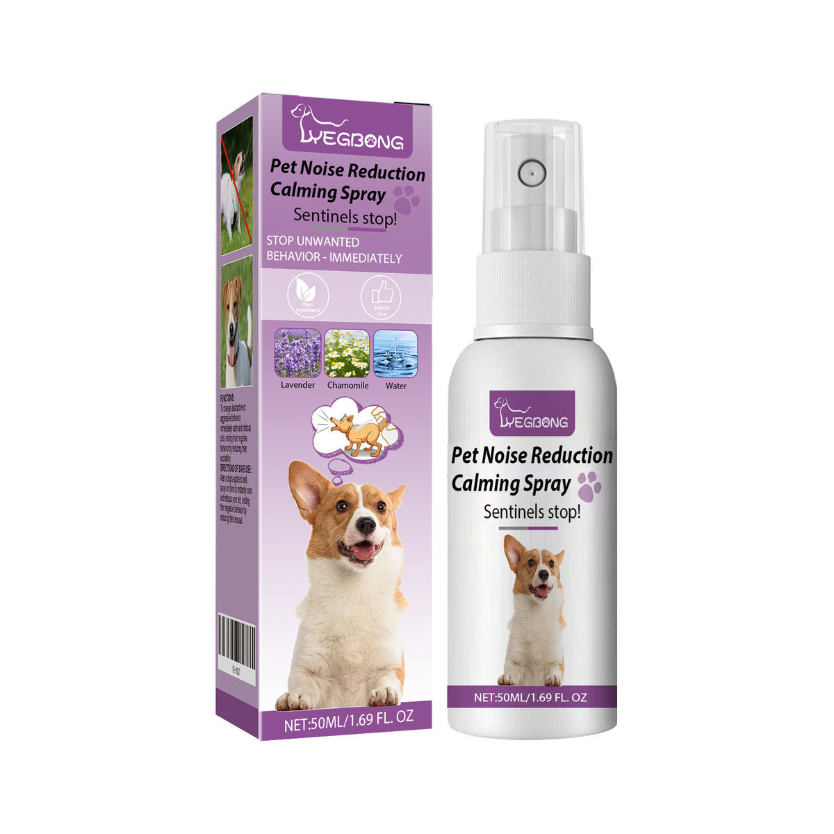 YEGBONG pet noise reduction calming spray in a purple box and white 50ml spray bottle with a corgi on the packaging.
