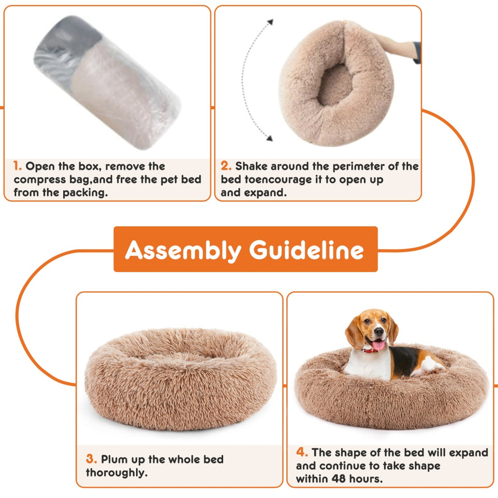 Fluffy round cat bed size guide and compact rolled storage infographic