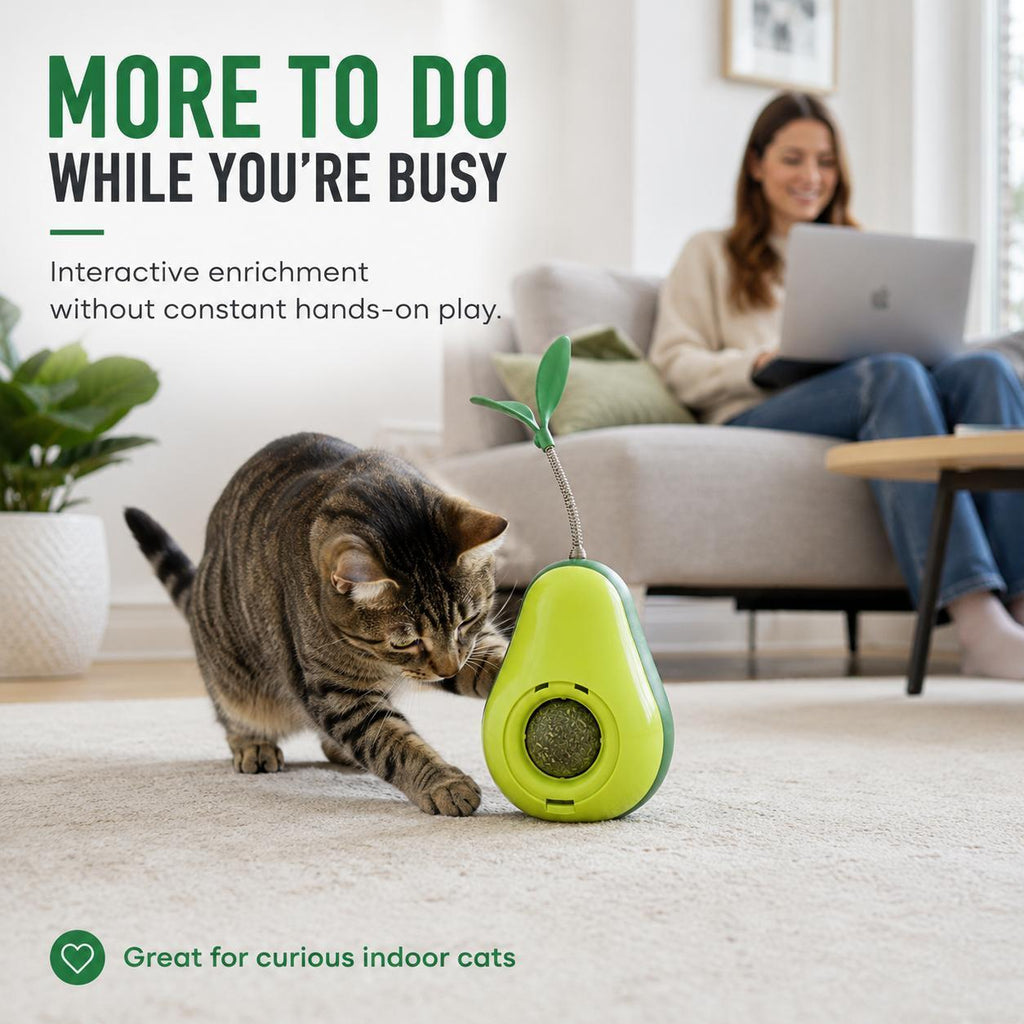 Lifestyle graphic of a tabby cat playing with the avocado tumbler toy in a living room, captioned more to do while you're busy.