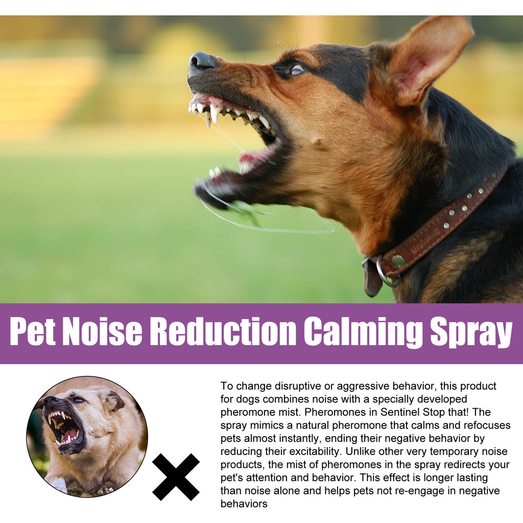 Marketing graphic of a barking German Shepherd explaining the spray combines sound with a calming pheromone mist to stop disruptive and aggressive behavior.