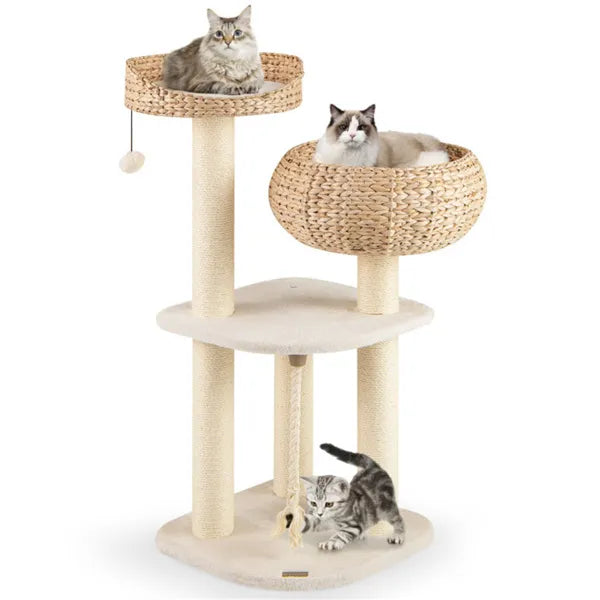 White water hyacinth cat tree product shot with three cats in woven perches and rope toy
