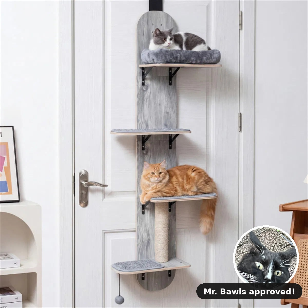 Door Hanging Cat Tree 5-Level Height Adjustable 4-Tier Climber No-Drill for Apartment Grey