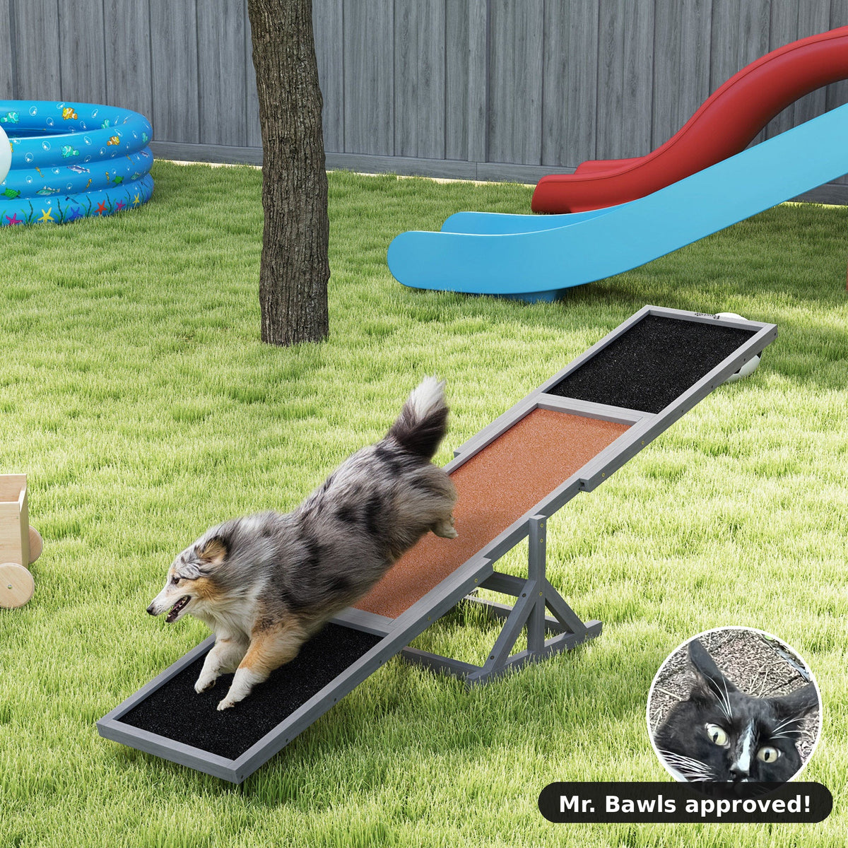 Wooden Dog Agility Seesaw for Training and Exercise, Weather Resistant, 83" L x 16" W x 14" H, Gray